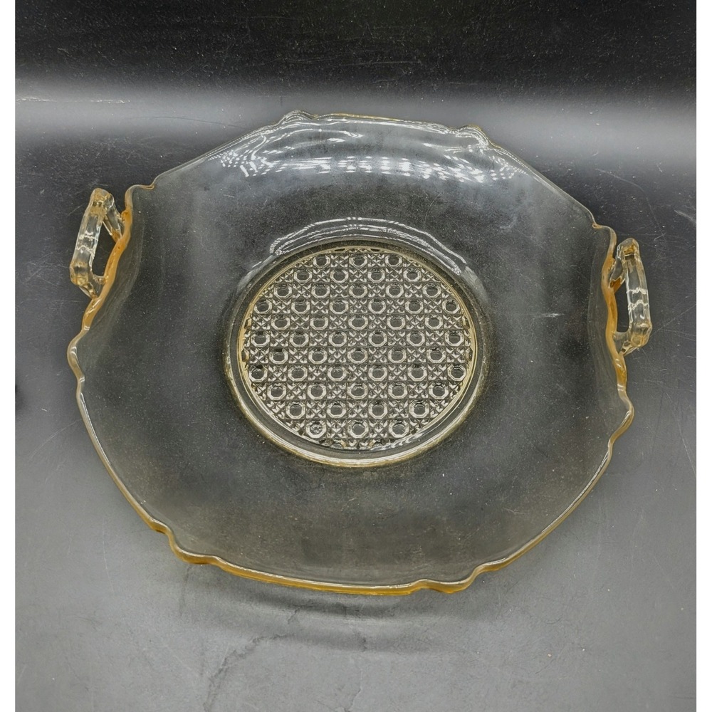 Lancaster Glass Yellow Topaz Depression Glass Serving Tray Handled Platter 10"